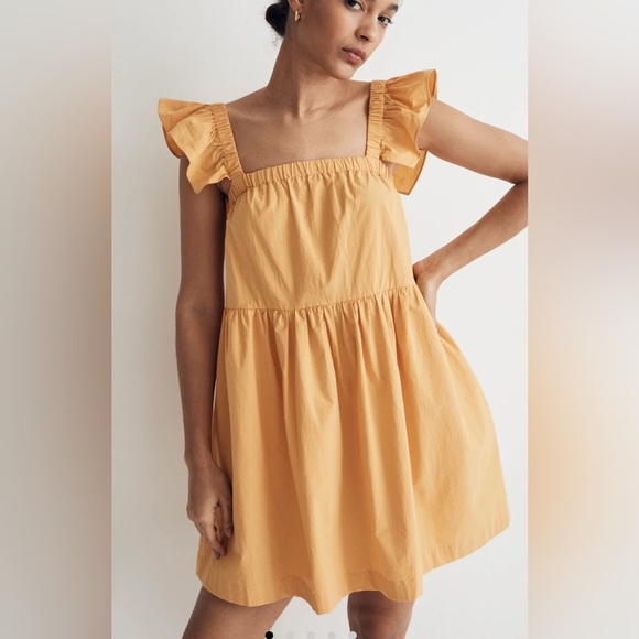 MADEWELL Flutter-Sleeve Square-Neck Mini Dress yellow Orange flutter Flouse - Picture 1 of 10